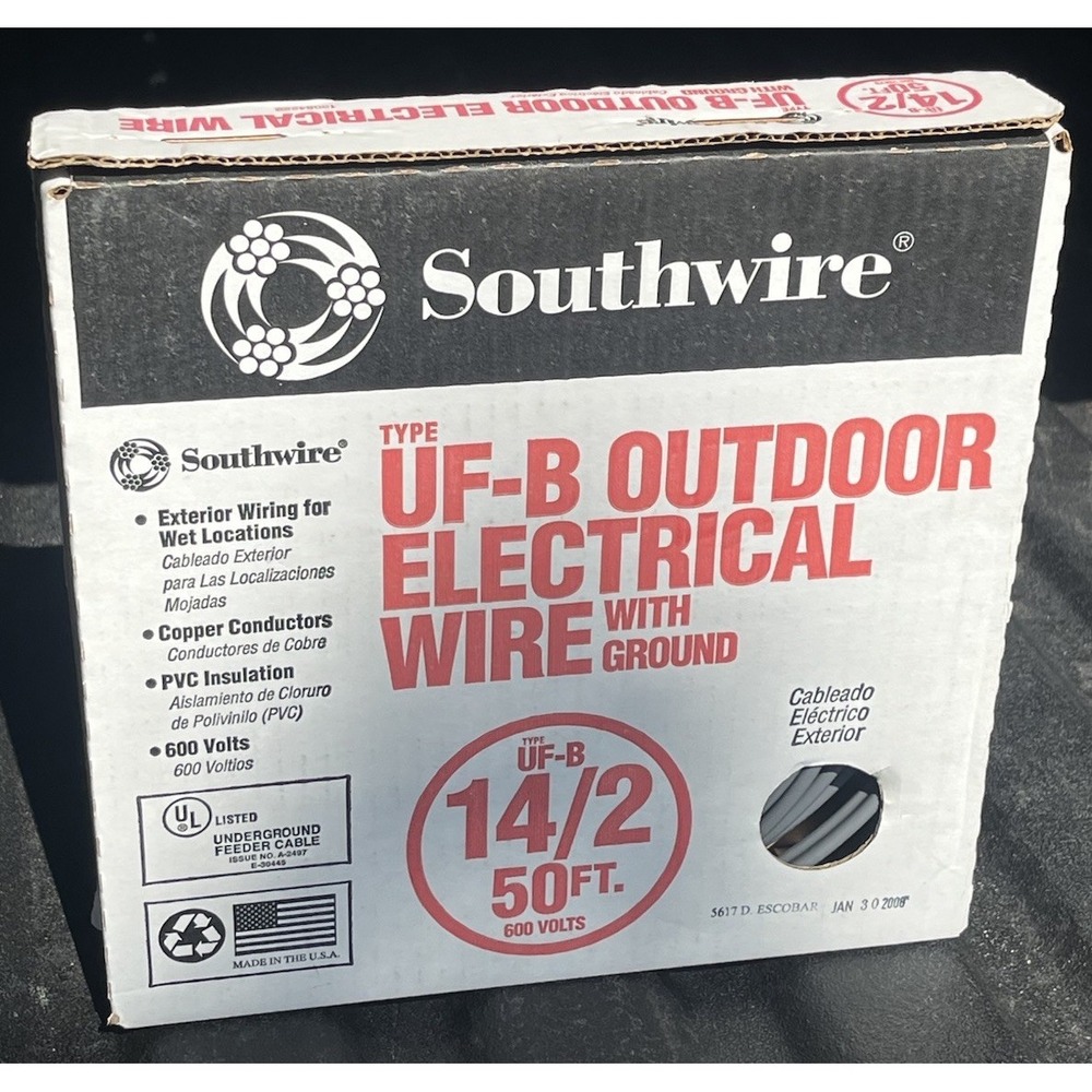 Southwire 14/2 UF-B Outdoor Electrical Wire with Ground - 50 FT Roll 600V NEW